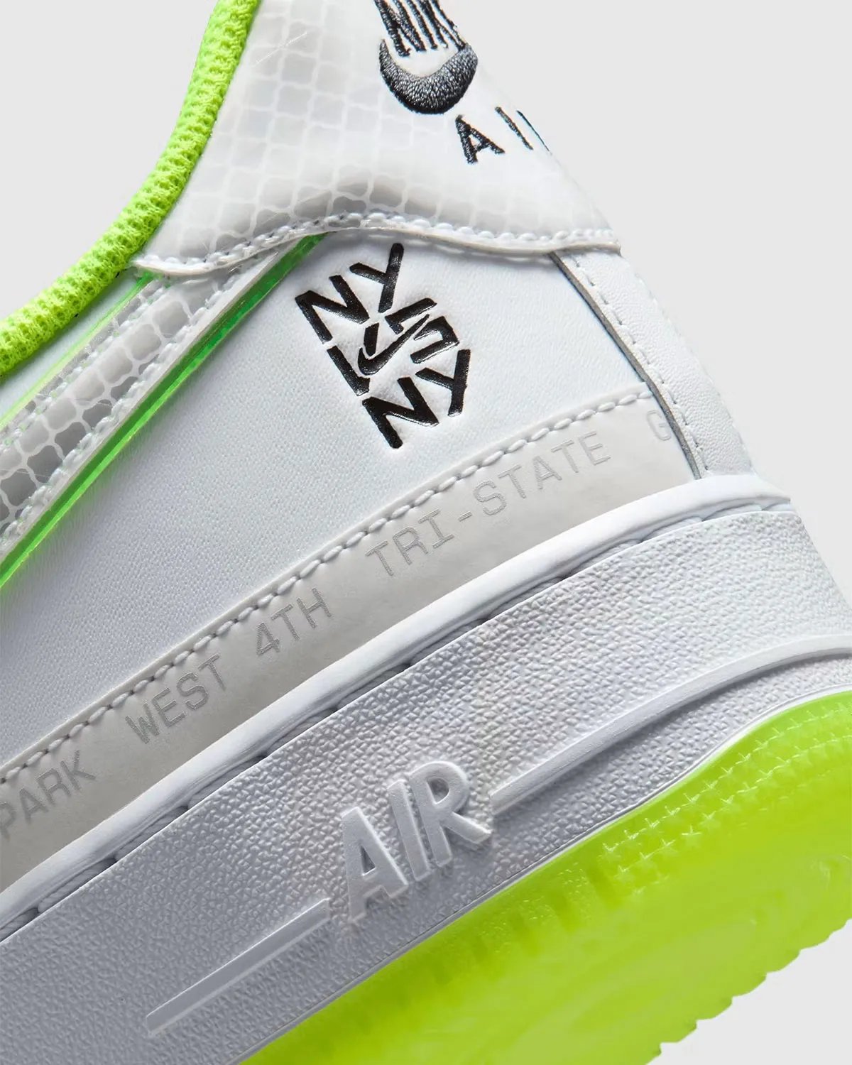 Nike Air Force 1 Low NY v. NY in triple white leather with hi-vis green foxing and embroidered New York court references - detail view 5