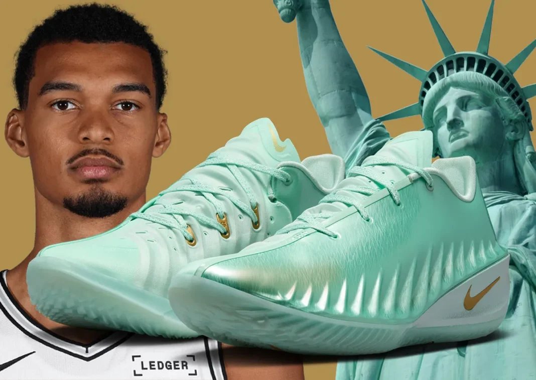 Victor Wembanyama Nike GT Cut 4 Statue of Liberty PE in Mint Foam with Metallic Gold accents, released November 5, 2026