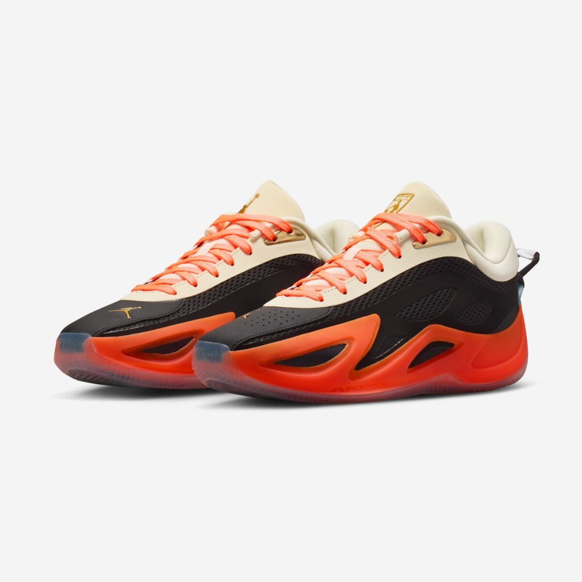 Jordan Heir 2.0 in Birds of Paradise colorway featuring black, metallic gold, total orange, and coconut milk. - detail view 1