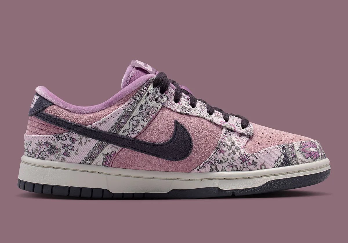 Nike Dunk Low Premium Botanical Rug in Foam Pink suede with Dusty Purple accents and printed botanical fabric overlays - detail view 3