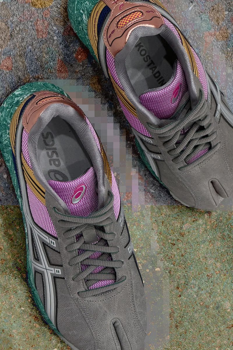 Kiko Kostadinov x ASICS LYASA FF II Tabi sneaker in Clay Grey/Jasper Green colorway, featuring split-toe tabi profile with brogue-inspired forefoot and trail-shoe heel construction - detail view 5