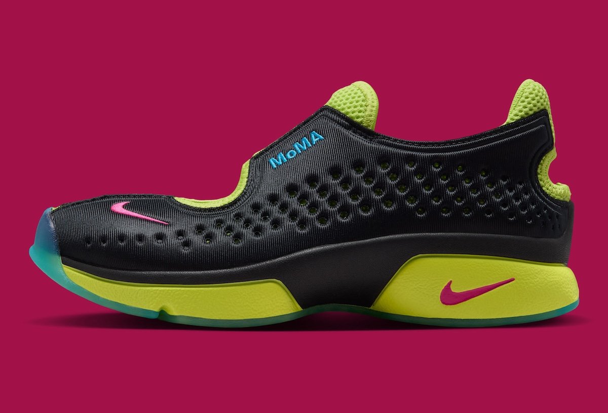 Nike Air Rift x MoMA collaboration sneaker in green-and-pink colorway, featuring split-toe design and museum branding on lace panel - detail view 3