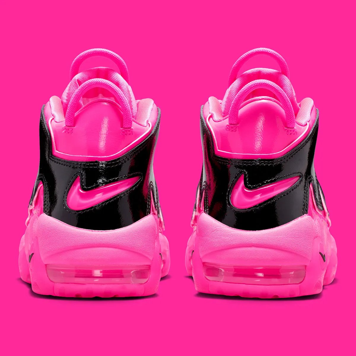 Nike Air More Uptempo '96 in Pink Blast colorway, featuring the signature exaggerated toe box and translucent forefoot paneling - detail view 5