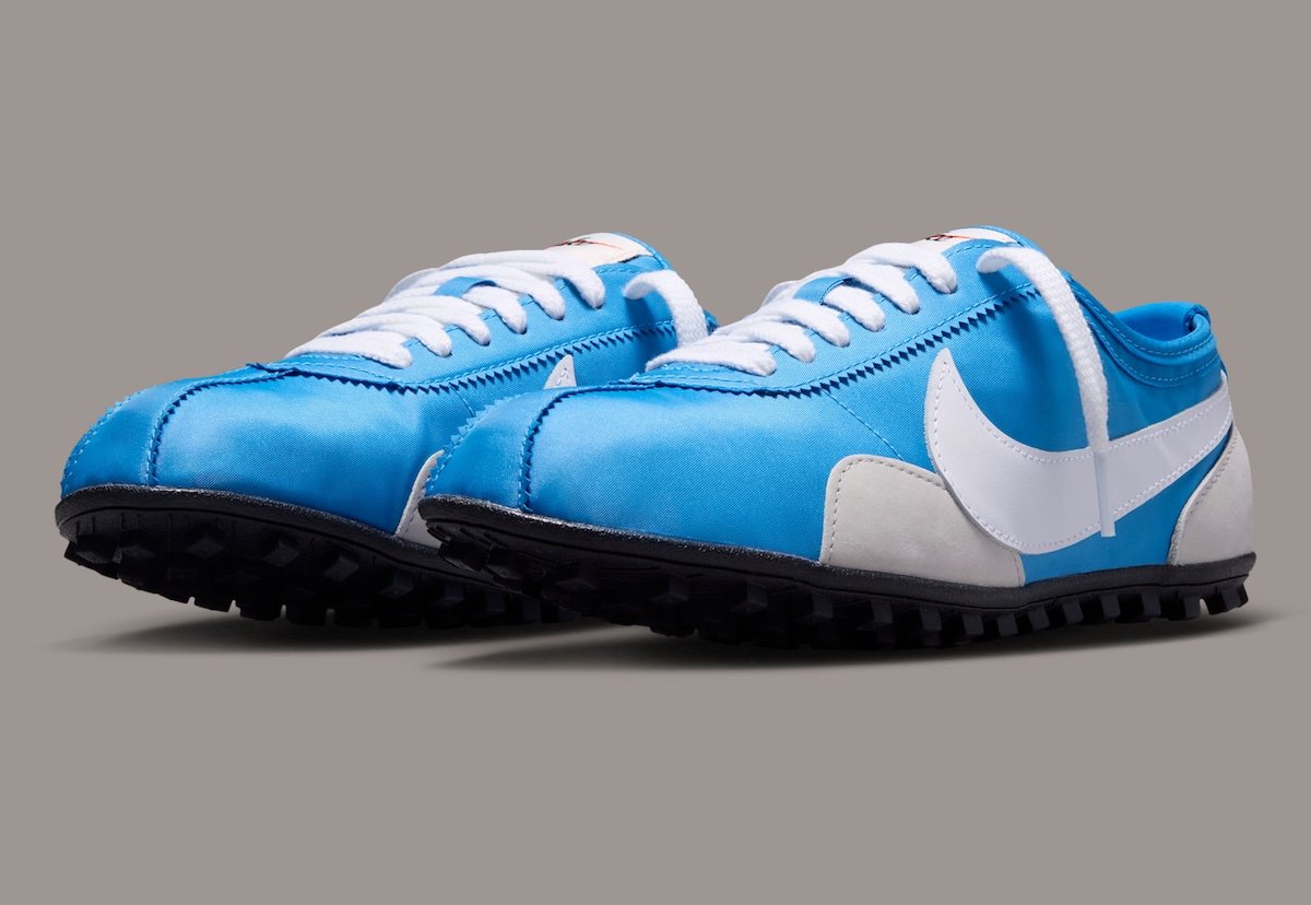 Nike Moon Shoe in Italy Blue colorway with bright blue nylon upper, white leather Swoosh, and light grey suede details - detail view 2
