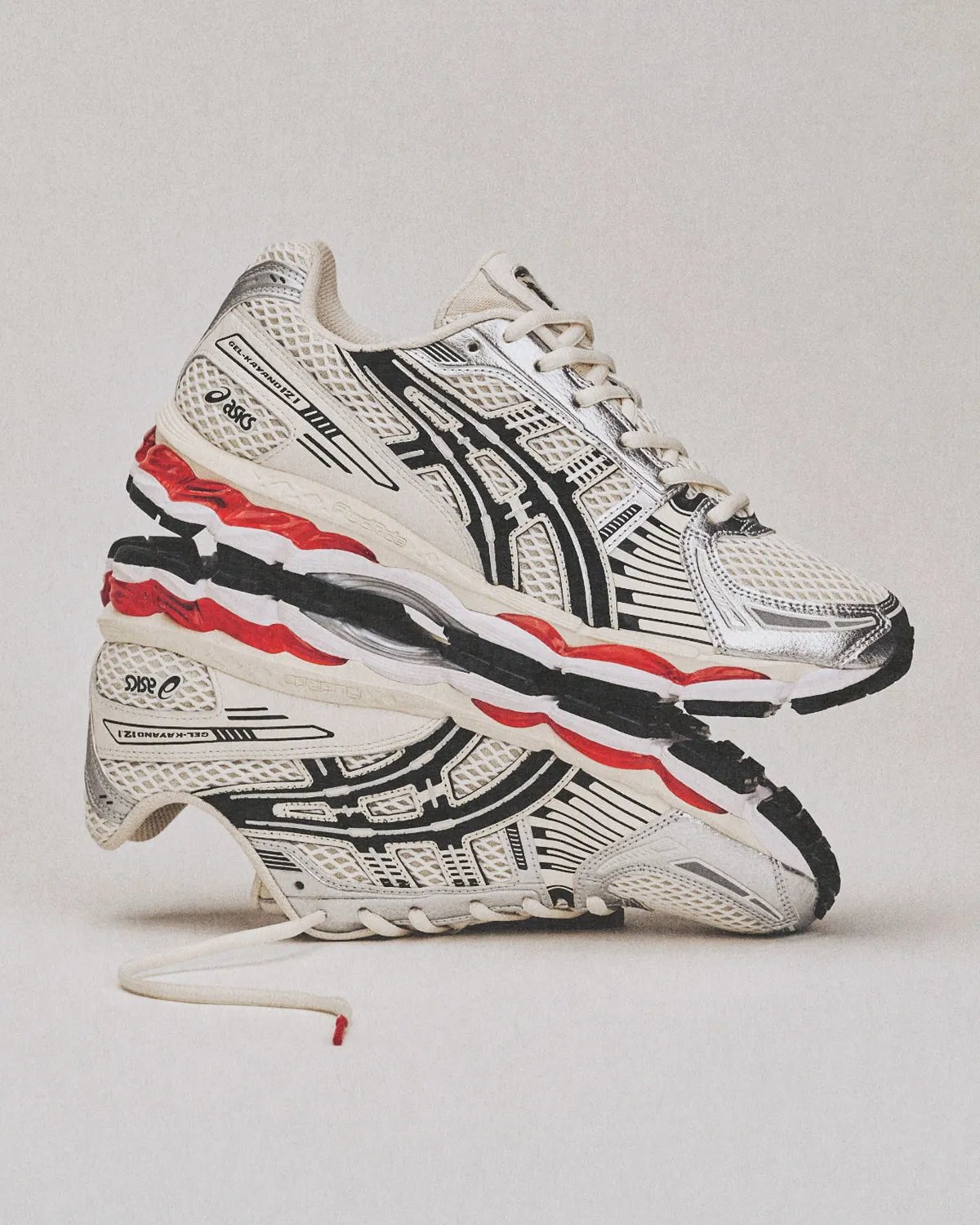 Lapstone & Hammer x ASICS GEL-Kayano 12.1 'The Spark' with diamond knit mesh upper, metallic silver and cream leather panels, and red midsole accents - detail view 1