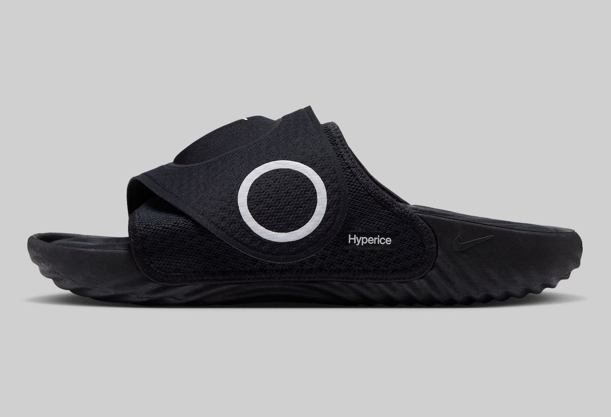 Nike x Hyperice Air Zoom Hyperslide in Black and Orewood Brown colorways featuring integrated heat and vibration technology - detail view 3