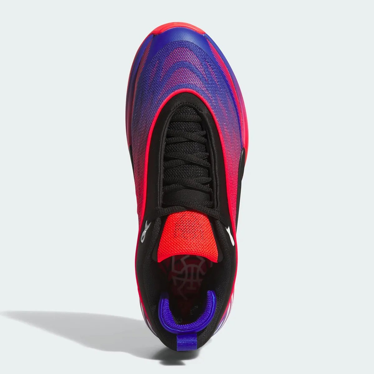 adidas DON Issue 8 Spider-Man colorway featuring webbed overlay design with blue-to-red and red-to-blue gradients on black and white base - detail view 4