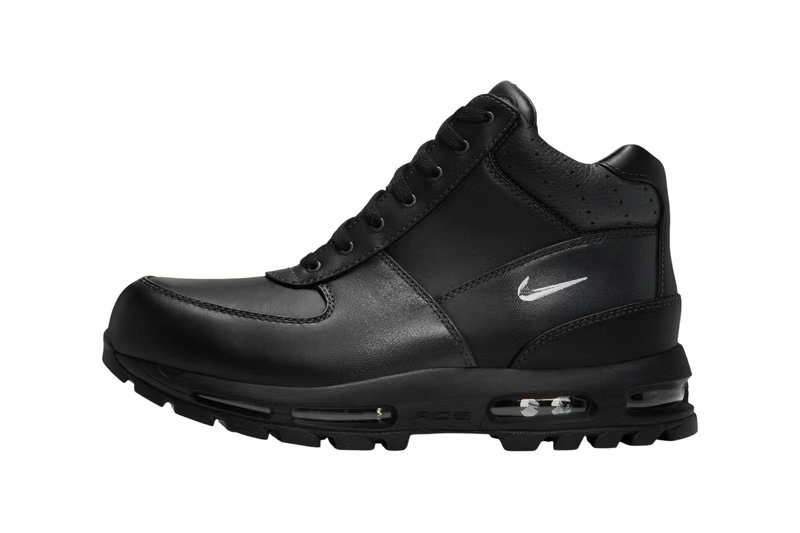 Nike Air Max Goadome in Black/Anthracite-Volt colorway showing tonal leather upper with visible Air cushioning units and Volt ACG badge on sole - detail view 1