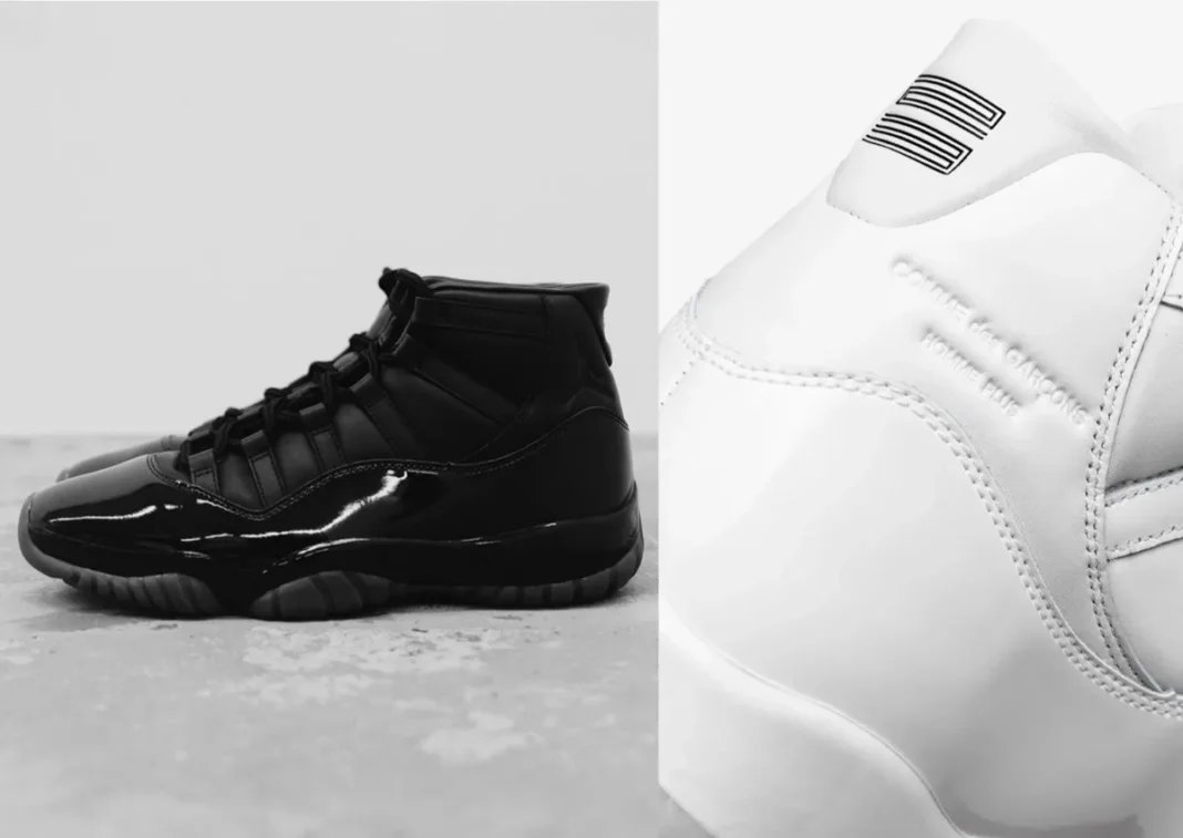 Comme des Garçons Homme Plus x Air Jordan 11 black and white colorways featuring premium cowhide leather and patent leather construction