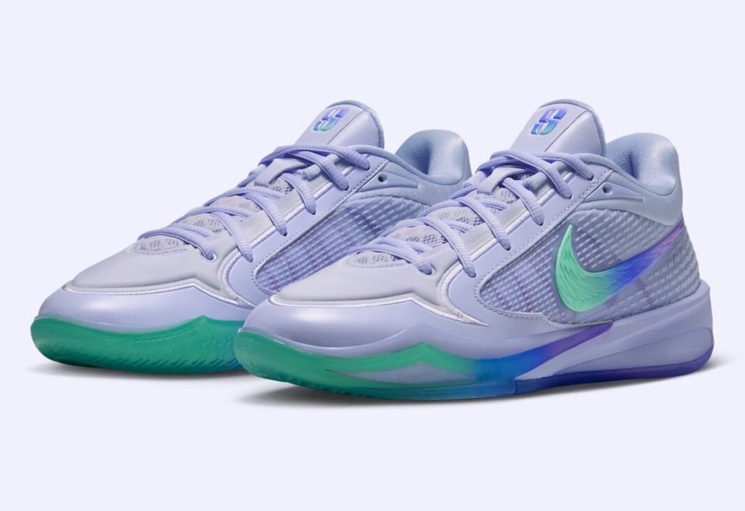 Nike Sabrina 4 Superstition in pale purple with gradient green-to-blue Swoosh, releasing September 9, 2026 - detail view 1