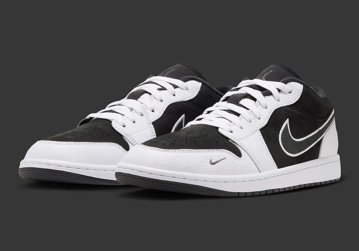 Air Jordan 1 Low SE in black suede and white pebbled leather, shown from multiple angles with white midsole and black outsole