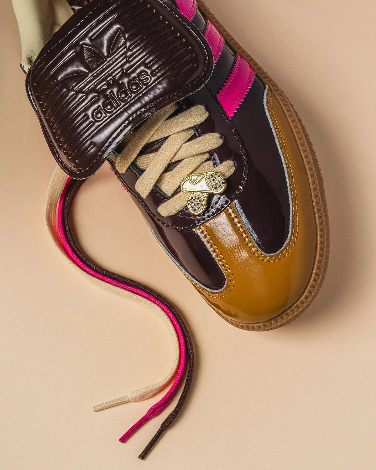 Asphalt x adidas Samba Cannoli in wheat patent leather with brown base and interchangeable pink, wheat, and brown tongue covers - detail view 1