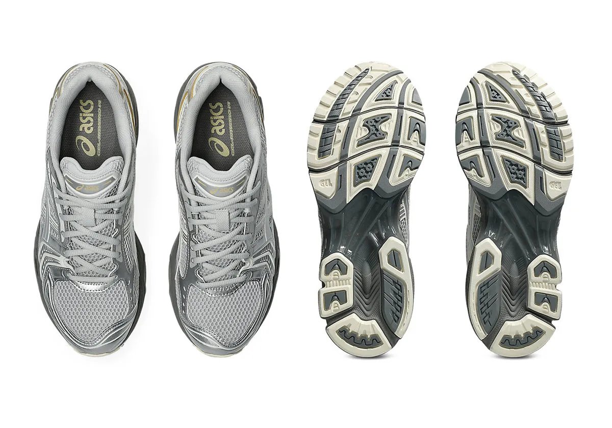 ASICS GEL-Kayano 14 in Concrete colorway, showing neutral tonal upper with reinforced medial support structure - detail view 3