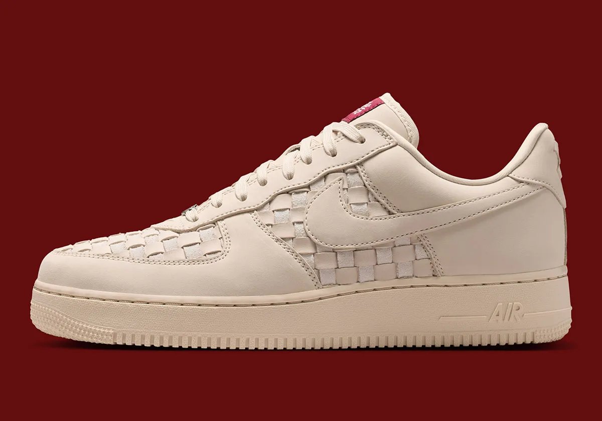 Nike Air Force 1 Low Woven in white with chunky woven panels and retro cursive tongue branding - detail view 1