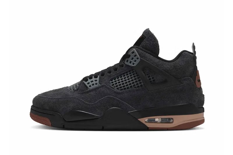 Air Jordan 4 'London' in shaggy gray suede with rust-brown accents and translucent heel mudguard featuring LDN graphic - detail view 2