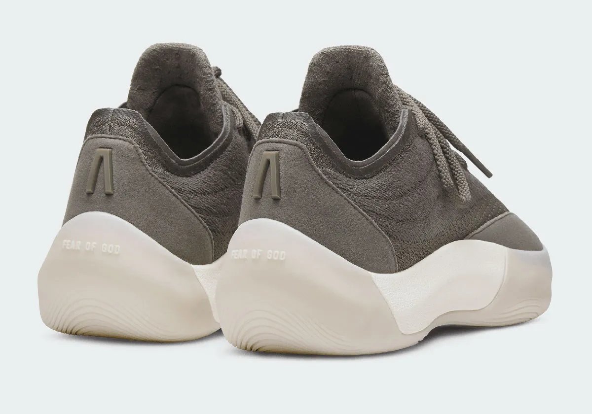 adidas Fear of God Athletics III in Cinder colorway showing grey upper with cream and white sole detailing - detail view 1