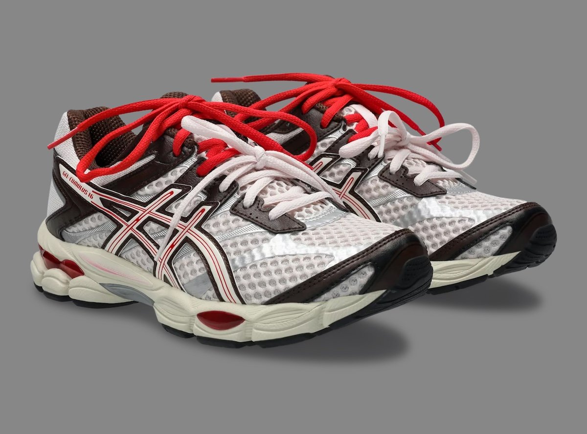 NAKED x ASICS GEL-Cumulus 16 in Scandinavian Sunset colorway showing white mesh upper with brown panels and red accent details - detail view 2