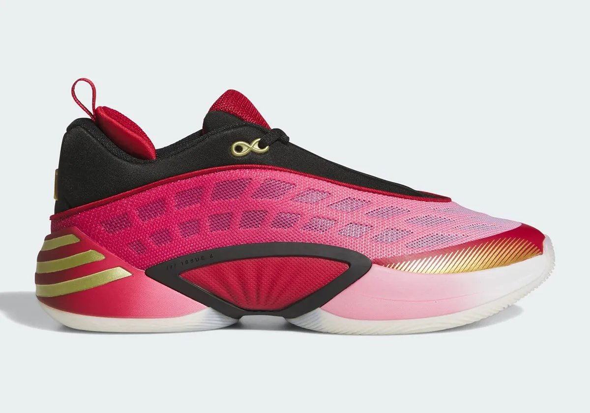 Adidas DON Issue #8 in Cavaliers wine, red, and gold colorway with gradient mesh upper and metallic gold branding - detail view 1