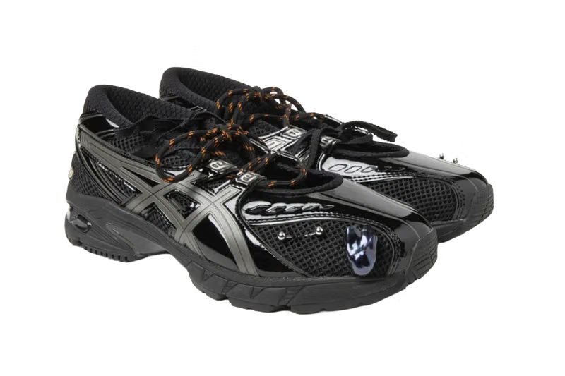 Gohar World x ASICS GEL-DS TRAINER SP in black mesh with hand-applied pearl charms, onyx stone, and stainless-steel piercings - detail view 2