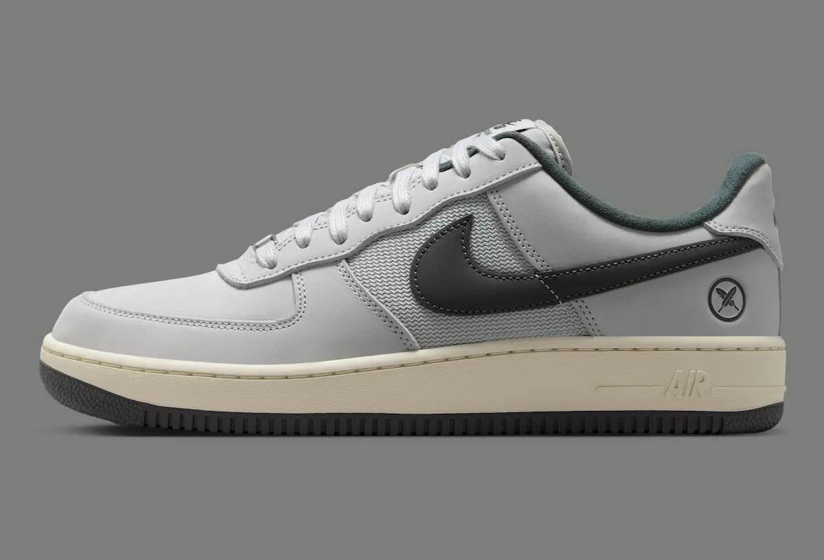 Yuto Horigome x Nike SB Air Force 1 Iron Grey featuring off-white leather upper with grey mesh panels and personalized heel branding - detail view 3