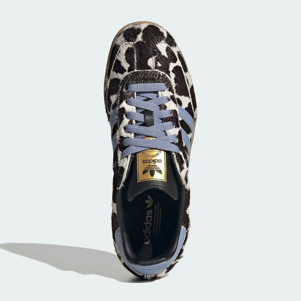 adidas Samba Cow Print in white pony hair with black spots and light blue accents, women's sizing - detail view 3