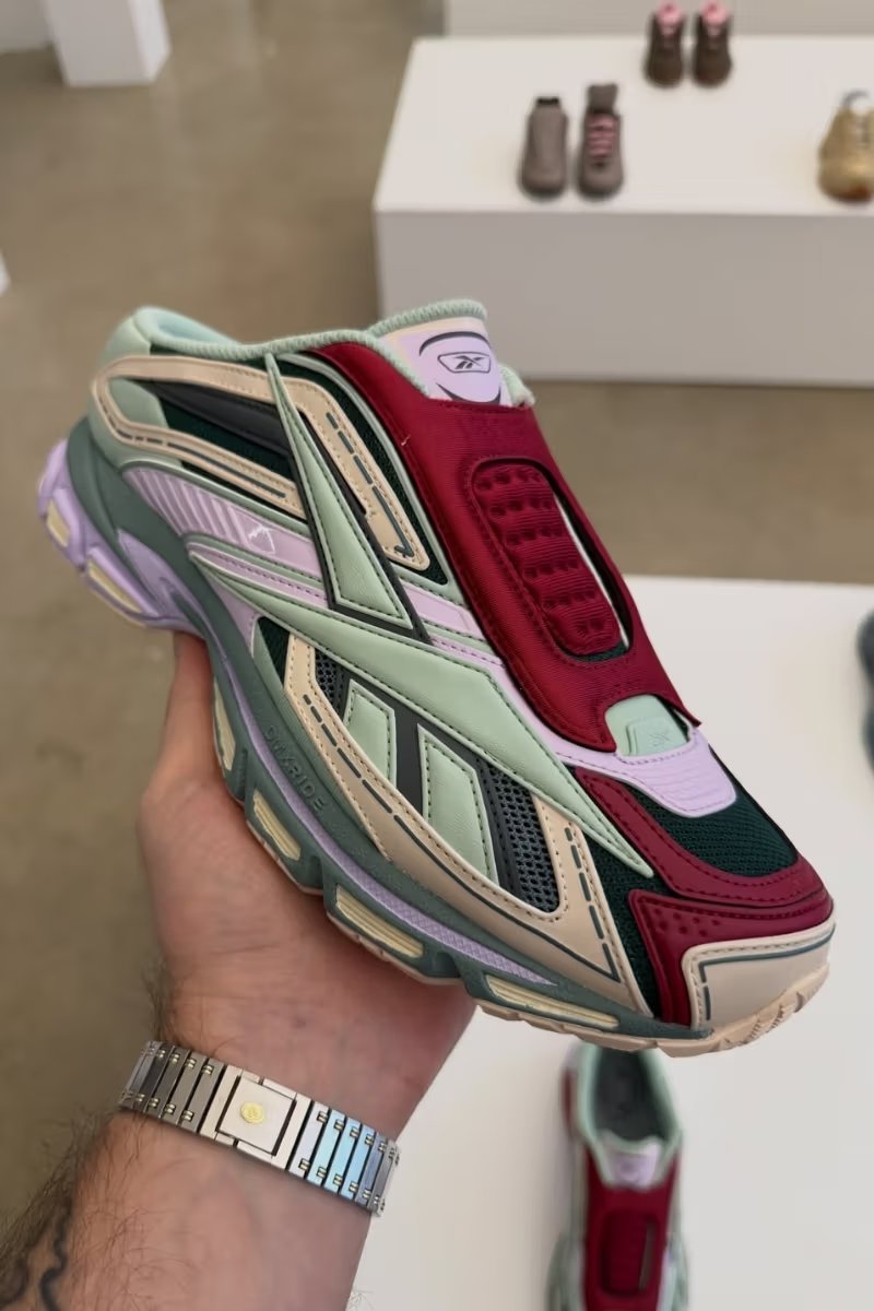 Reebok Premier Ultra Mule in pastel green, lilac-pink, and red colorway, showcasing chunky midsole and open-back slip-on silhouette - detail view 5