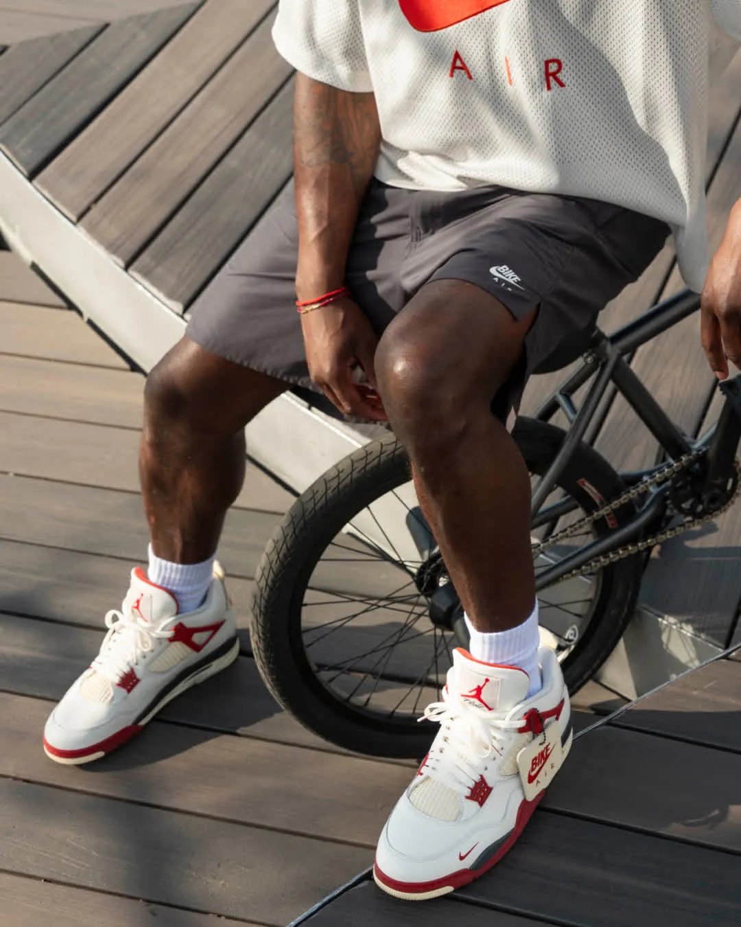 Nigel Sylvester x Air Jordan 4 'Brick After Brick' in Sail, Anthracite, Muslin and Cinnabar colorway, side view showing mesh paneling and flight wings detail - detail view 4