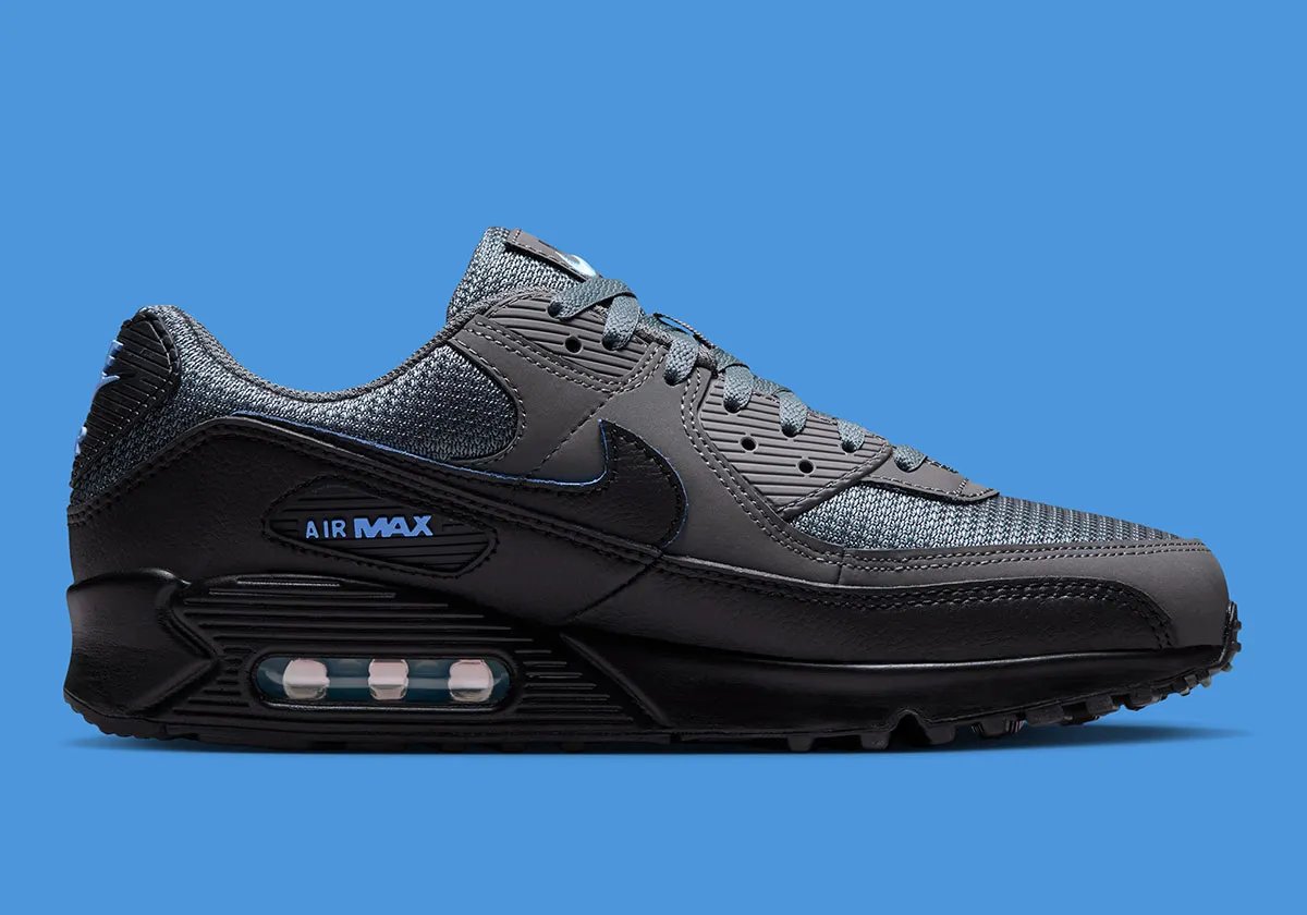 Nike Air Max 90 Football Blue with grey mesh upper, light smoke grey quarter panel, and black midsole—Fall 2026 release - detail view 3