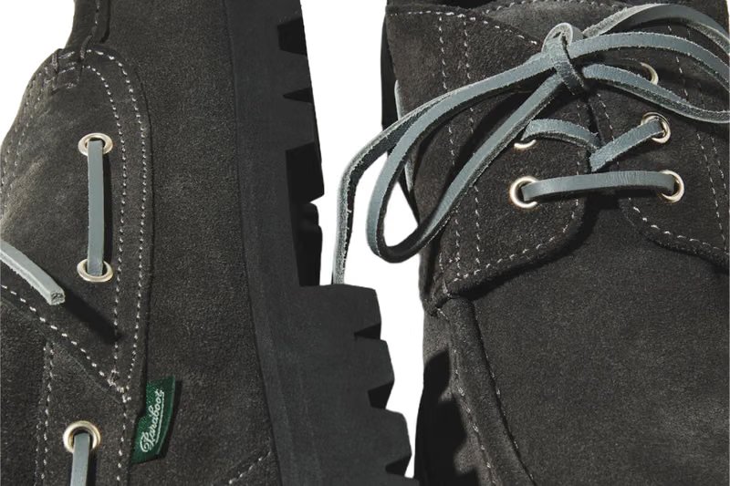 nonnative x Paraboot Briac Cow Leather in Charcoal Gray, a premium suede deck-style moccasin with JANNU sole and McKay construction - detail view 4