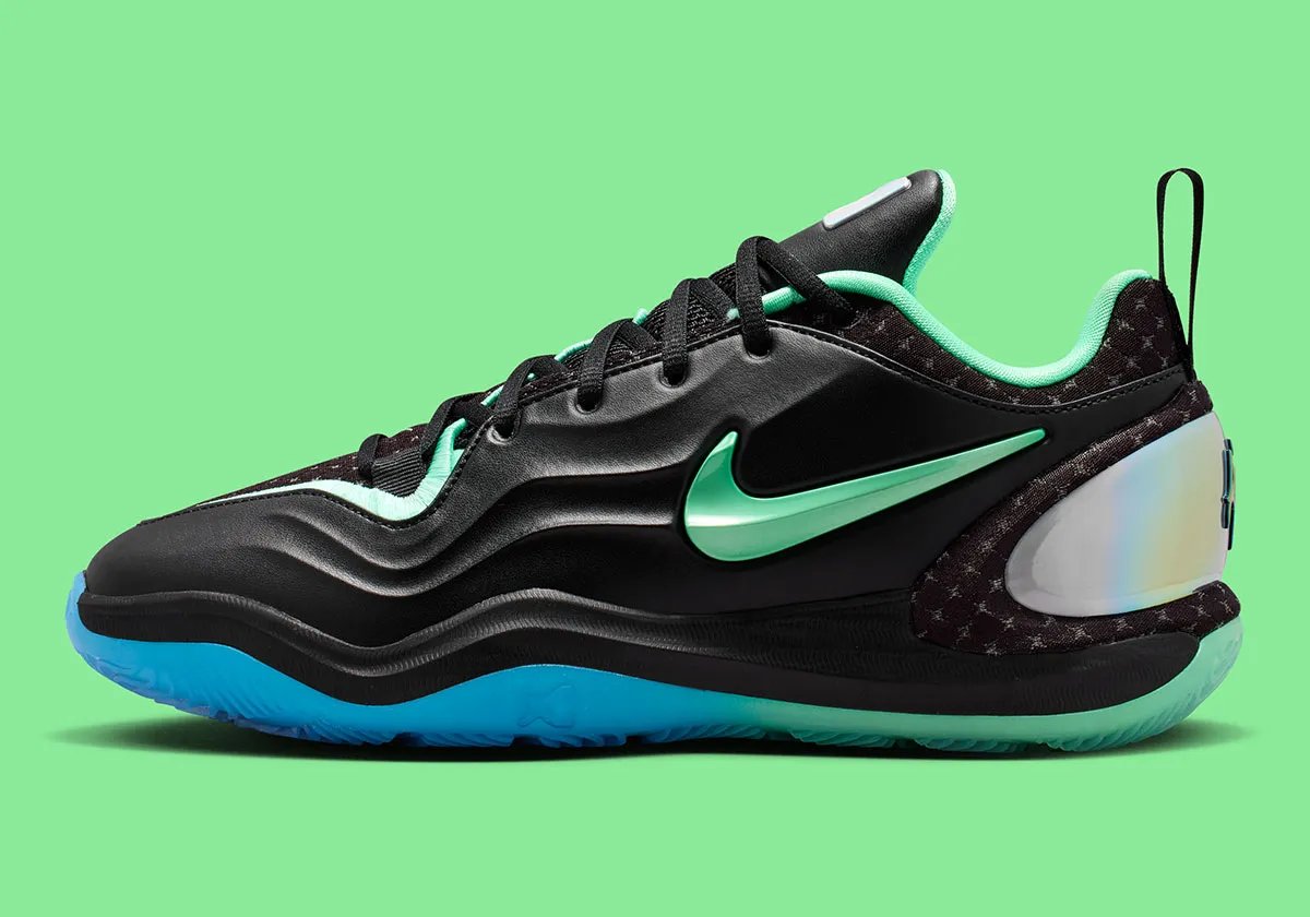 Nike A'Two 'Nike Nationals' in black with Luminous Green Swoosh, interior accents, and iridescent silver heel badge - detail view 1