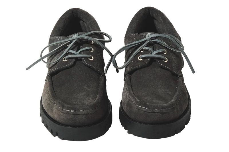 nonnative x Paraboot Briac Cow Leather in Charcoal Gray, a premium suede deck-style moccasin with JANNU sole and McKay construction - detail view 3