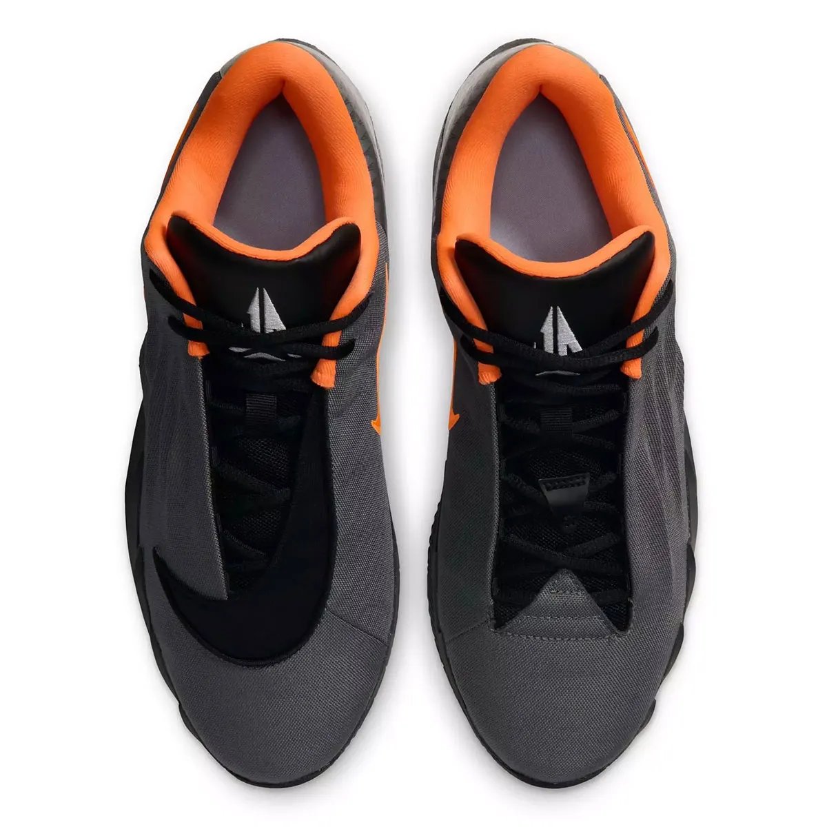 Nike Twelve Time in Black/Iron Grey/Orange colorway, Ja Morant signature takedown basketball shoe with burnt orange Swoosh and matte grey upper - detail view 4