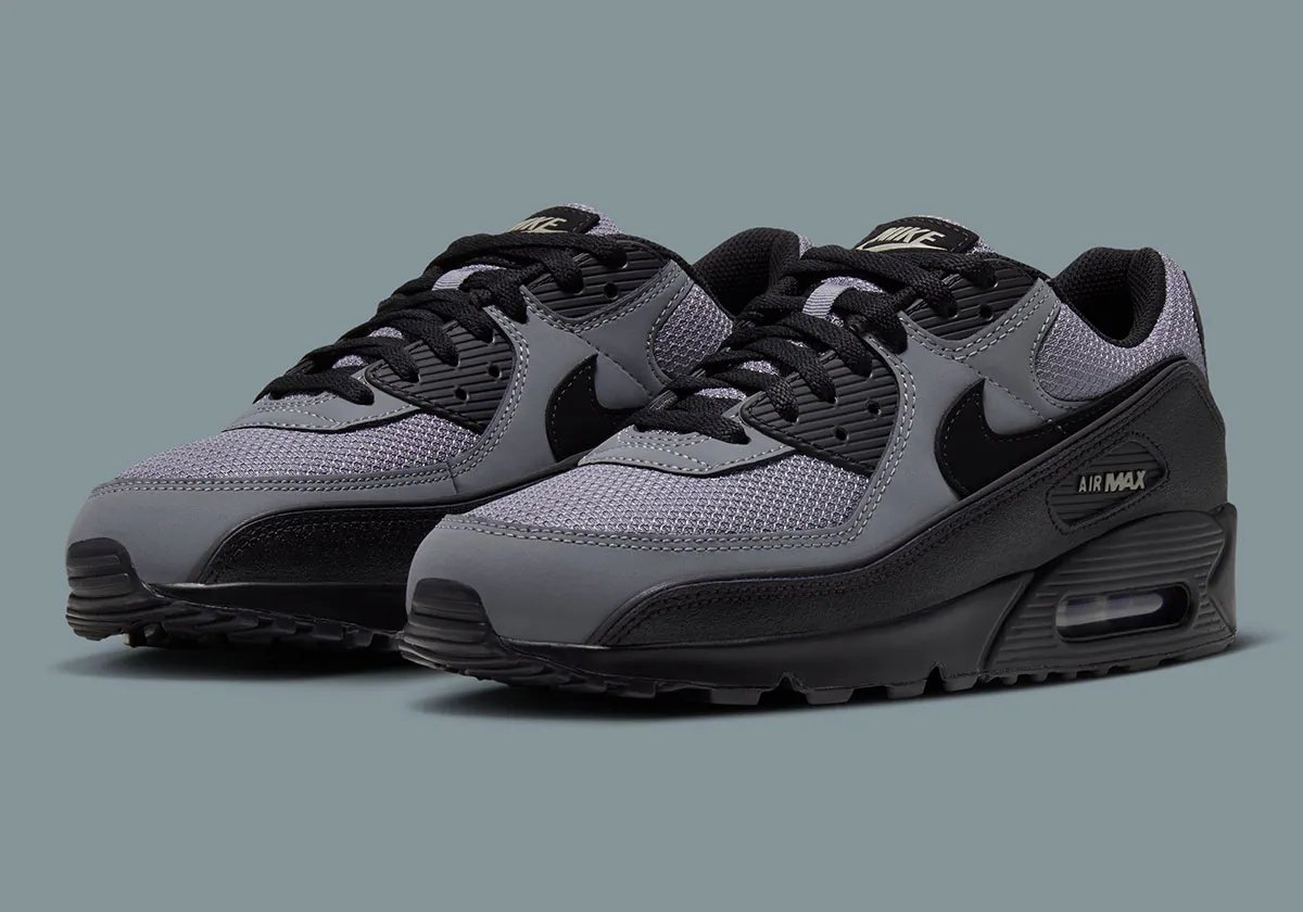 Nike Air Max 90 Cool Grey showing monochromatic greyscale leather and mesh construction with Light Army accents