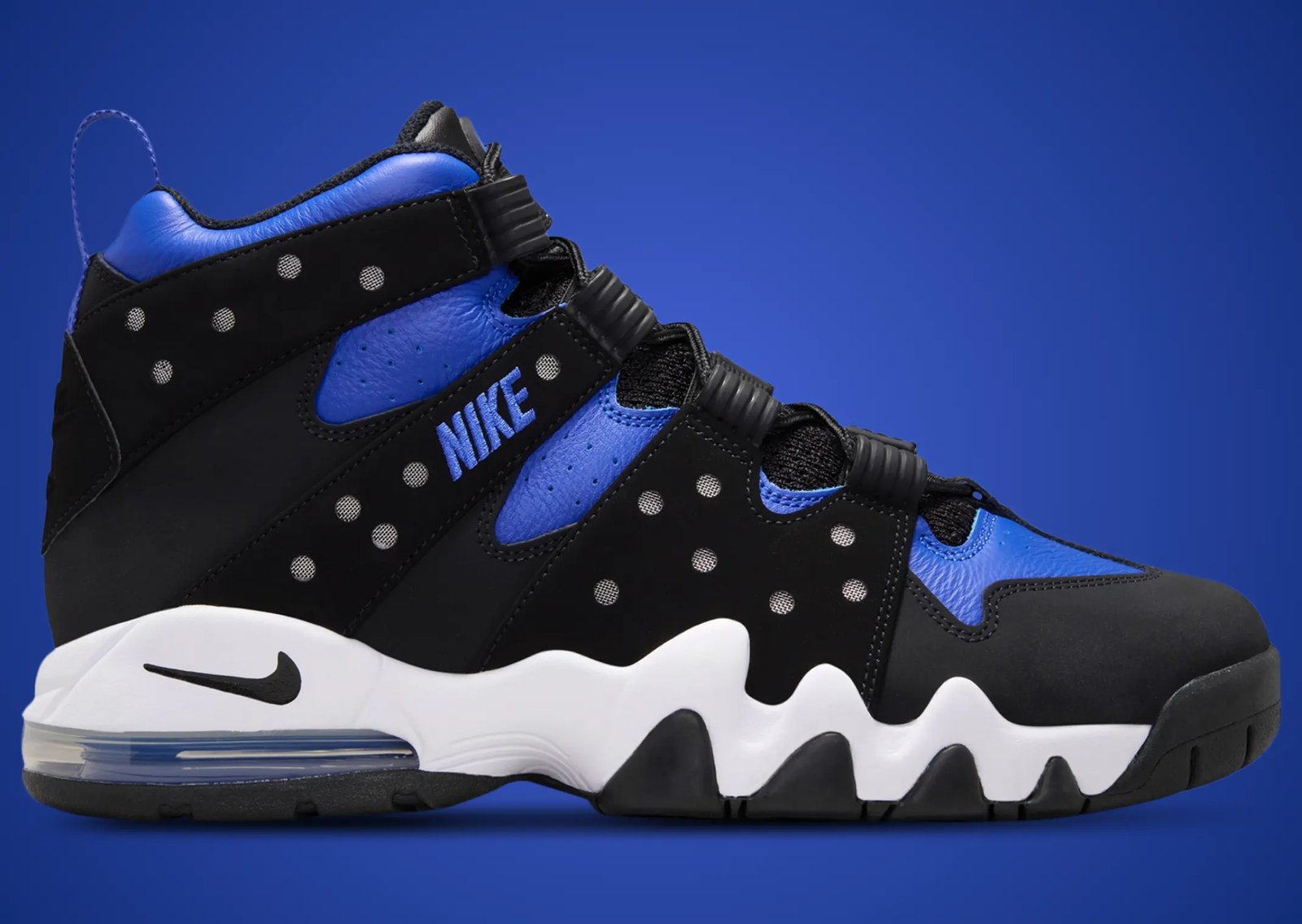 Nike Air Max 2 CB 94 Black Varsity Royal showing black nubuck toe, blue leather upper, and translucent blue Air heel unit - detail view 2