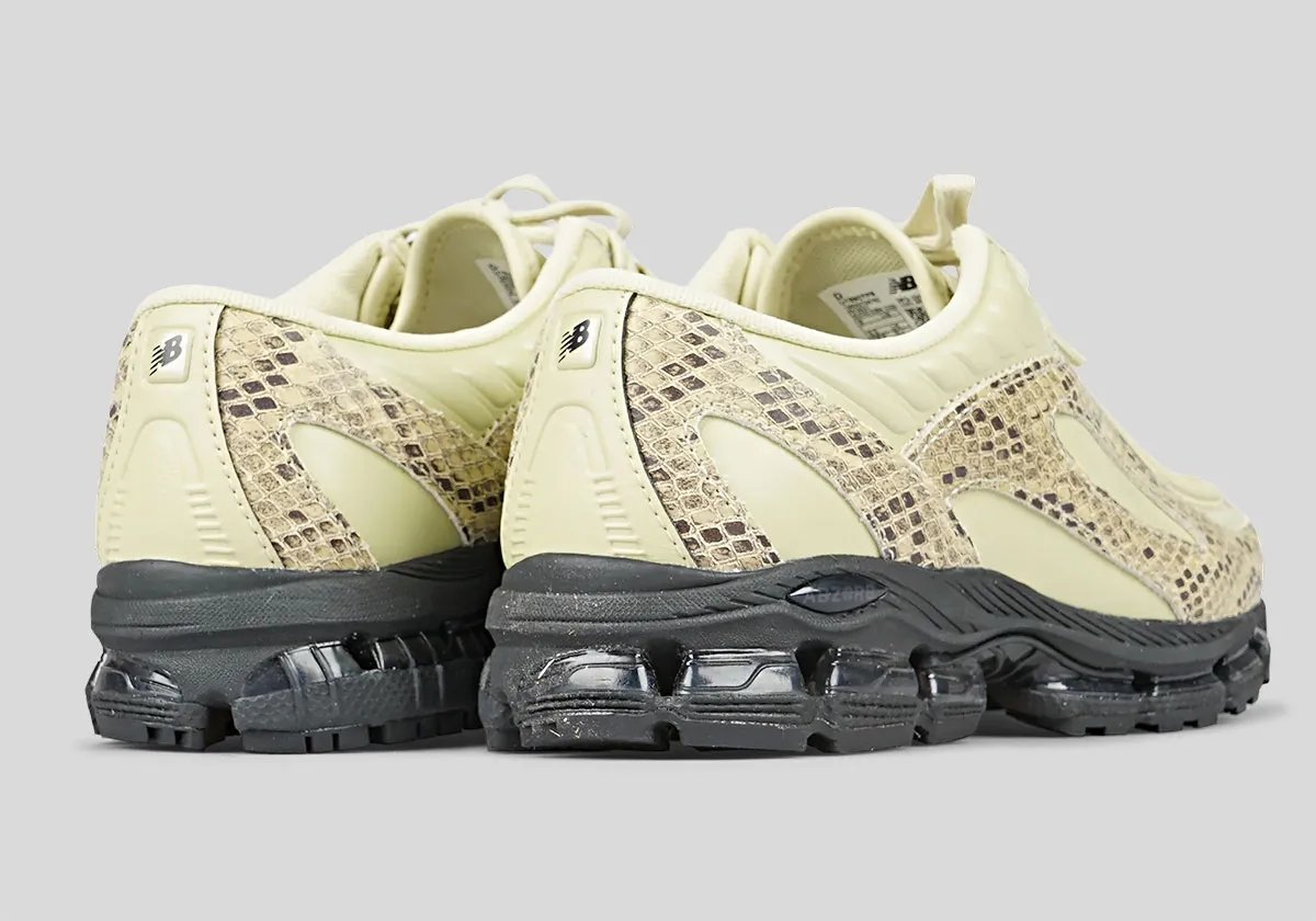 New Balance 1890A moccasin hybrid in pale yellow leather with snakeskin overlays, side profile view - detail view 3