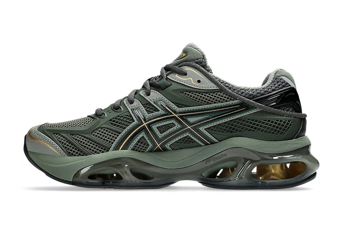 ASICS GEL-Kinetic 2.0 in Olive Green with gold GEL heel cushioning and layered sage side motif - detail view 3