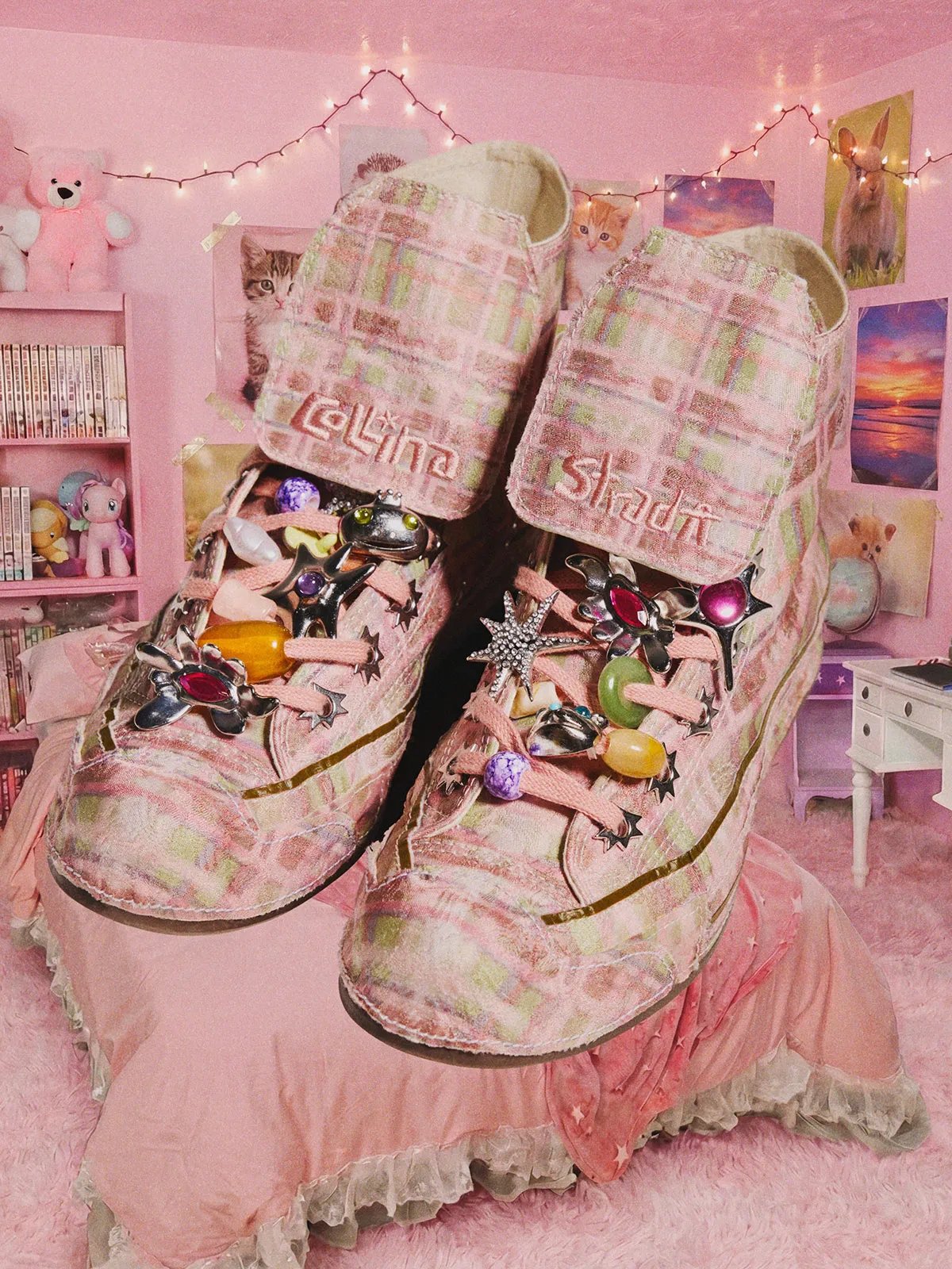 Collina Strada x Converse Chuck 70 collection featuring dark floral prints and pastel colorways with extended tongues and spike eyelets - detail view 3