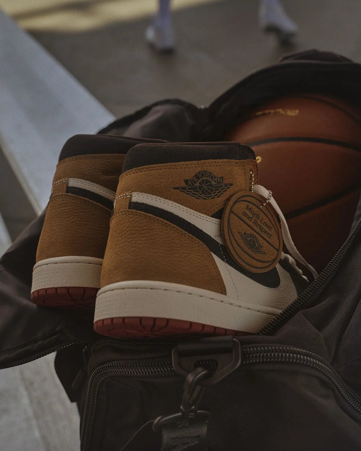 Air Jordan 1 High OG 'Love Letter' in brown and black leather with debossed 'Much Love and Respect' collar detail, releasing July 2, 2026 - detail view 2
