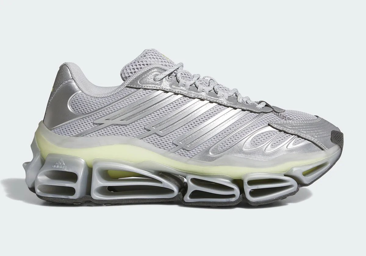 adidas Megaride AG in Silver Metallic colorway with off-white branding accents, shown from side profile - detail view 2