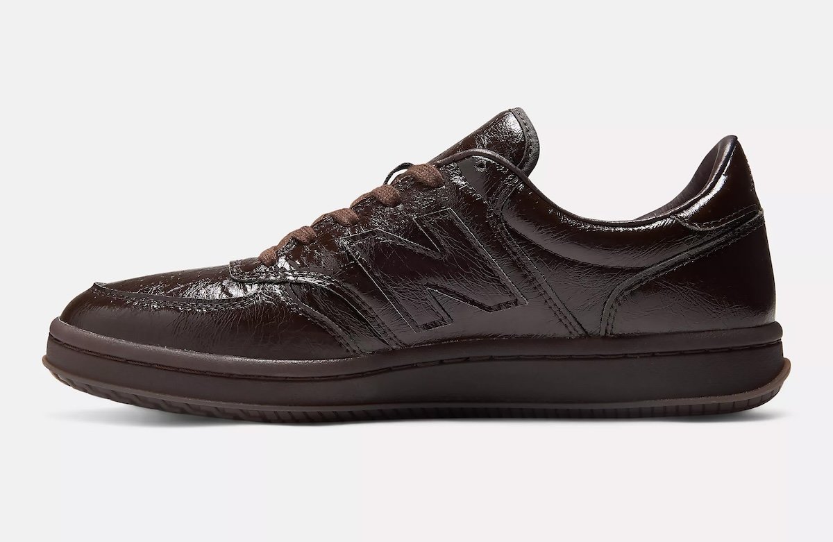 Jack Harlow x New Balance T500 "Olmsted" in Black Coffee leather, shown from the side profile highlighting the soft wrinkled upper and brown midsole. - detail view 5