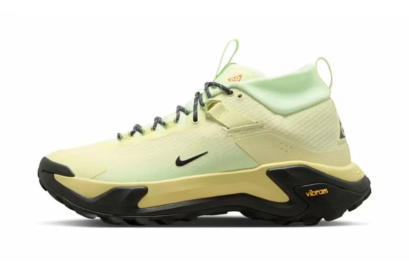 Official product shot of the Nike ACG Zegama Hike in Life Lime colorway, showing neon upper with black detailing and jagged rubber outsole - detail view 4