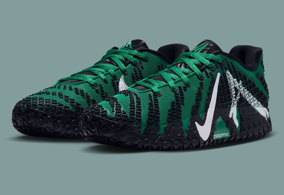 Nike Ja 3 'Garden' in malachite green with white Swoosh and oversized lateral A branding, inspired by Ja Morant's Madison Square Garden player-exclusive - detail view 2