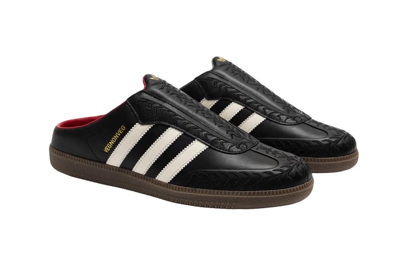 adidas Originals x VegNonVeg Samba Mule in Black/Cream/Gum showing open-back mule construction with pointed padded tongue and botanical embroidery details - detail view 2