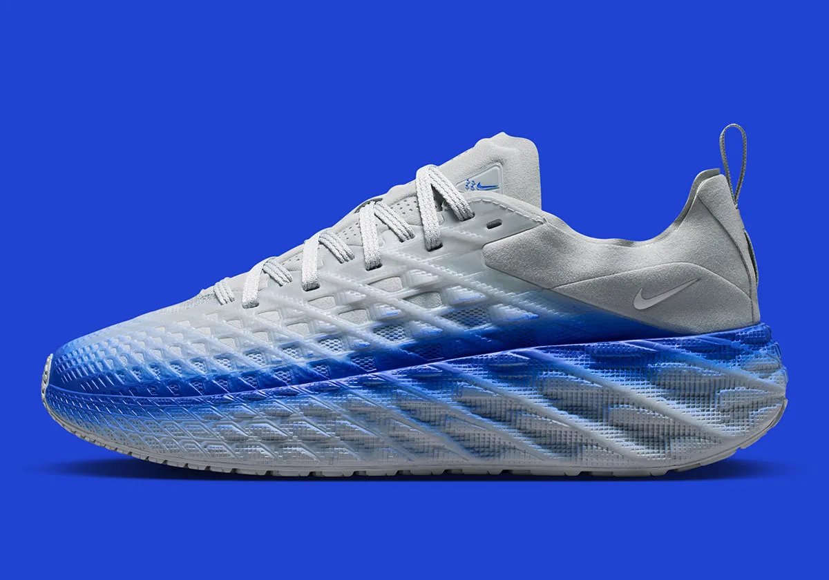 Nike Ava Edge in grey and blue gradient colorway, showcasing pixelated sole design and refined upper construction - detail view 1