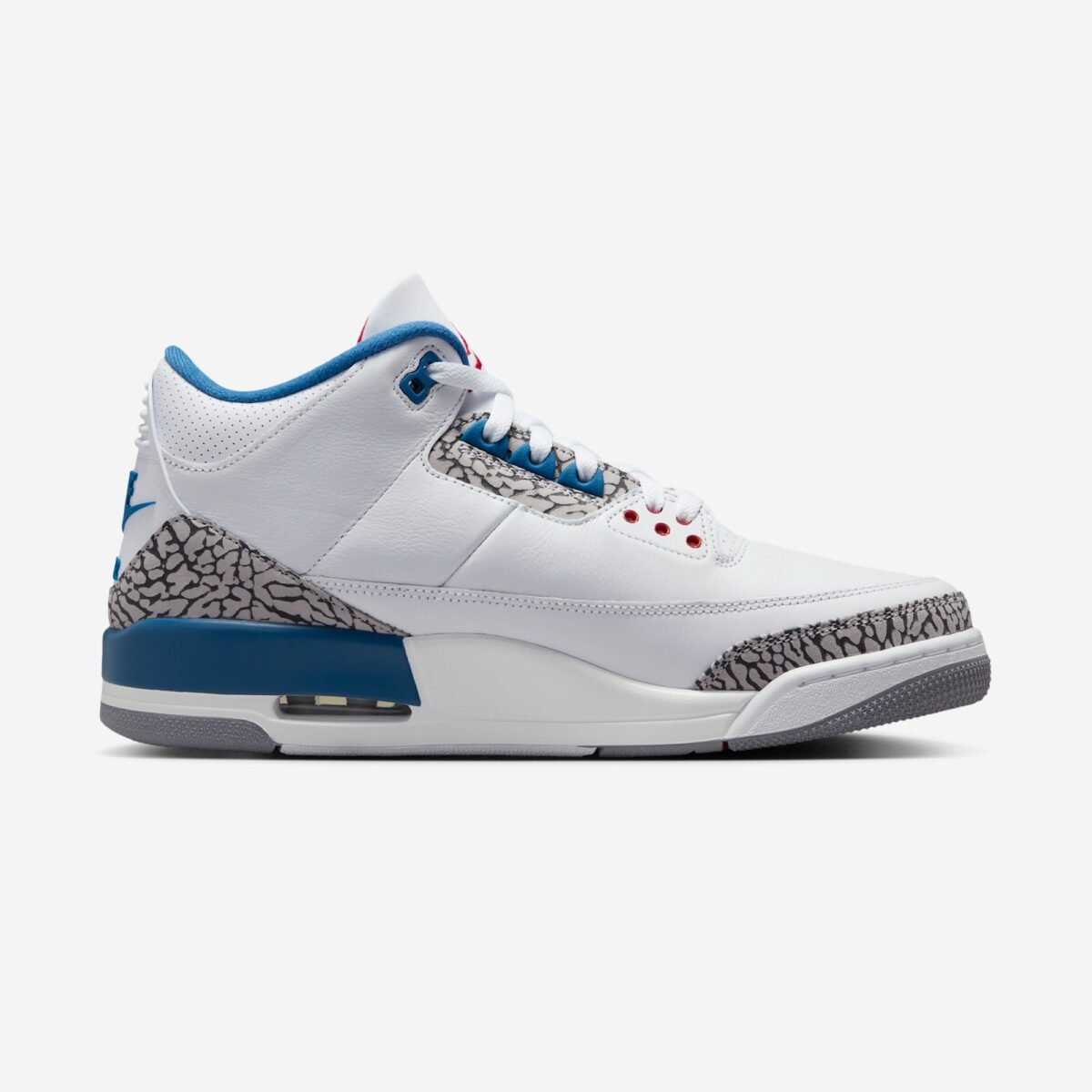 Air Jordan 3 True Blue in white leather with cement grey elephant print and true blue accents, releasing July 2026 - detail view 3
