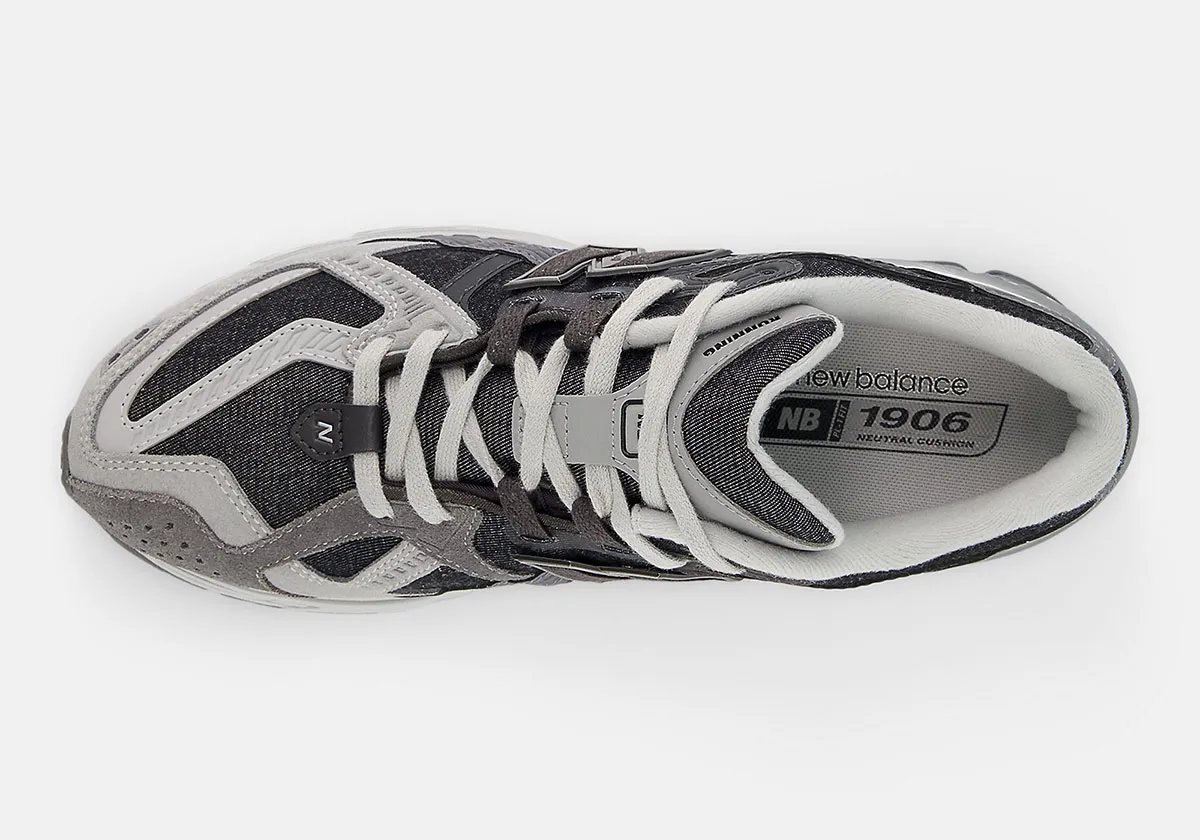 New Balance 1906U Castlerock in grey mesh, leather and suede construction, side profile view - detail view 3