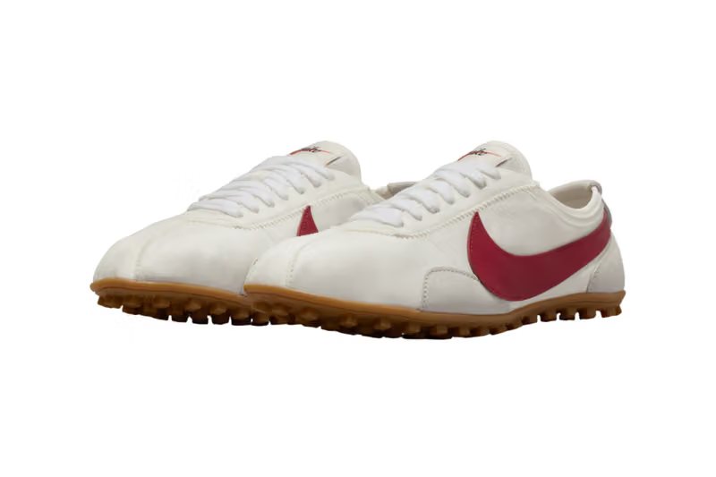 Nike Moon Shoe in Summit White and Team Crimson colorway, side profile view showing nylon mesh and gum rubber sole - detail view 5