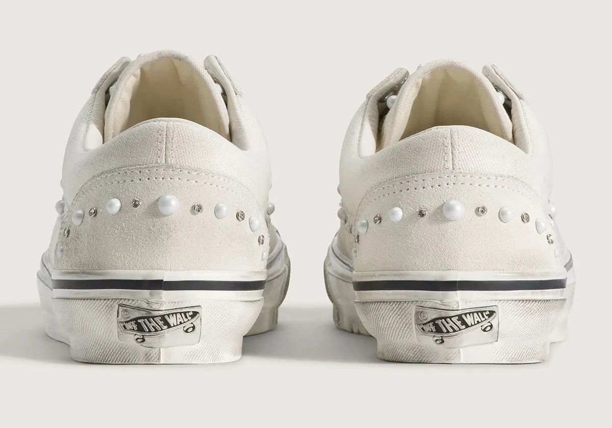 Vans Old Skool Pearlized Marshmallow with pearl and stone detailing on canvas upper, tongue, and heel panels - detail view 4