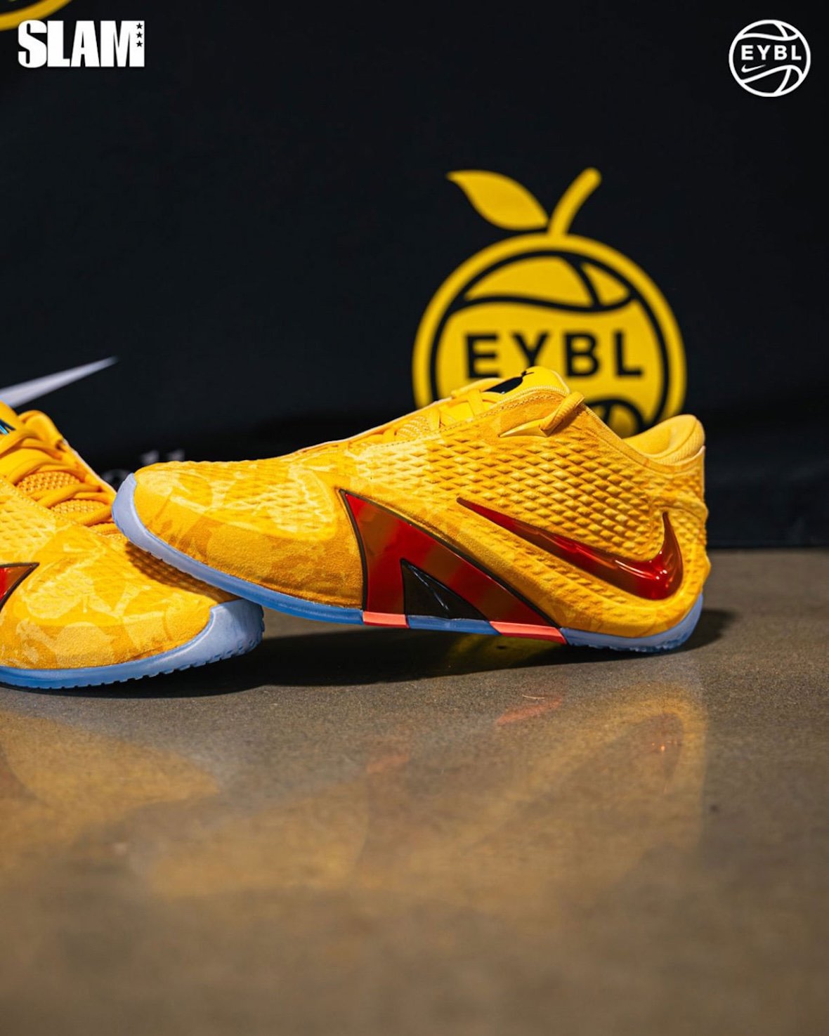 Nike Ja 4 EYBL Peach Jam PE in peach-yellow with metallic red Swoosh and icy blue sole, exclusive player edition for Peach Jam tournament - detail view 3