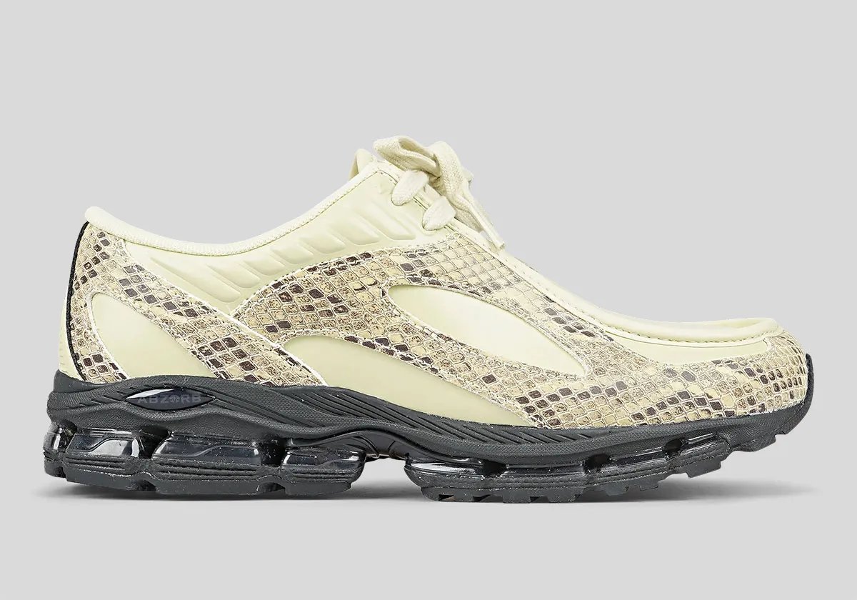 New Balance 1890A moccasin hybrid in pale yellow leather with snakeskin overlays, side profile view - detail view 2